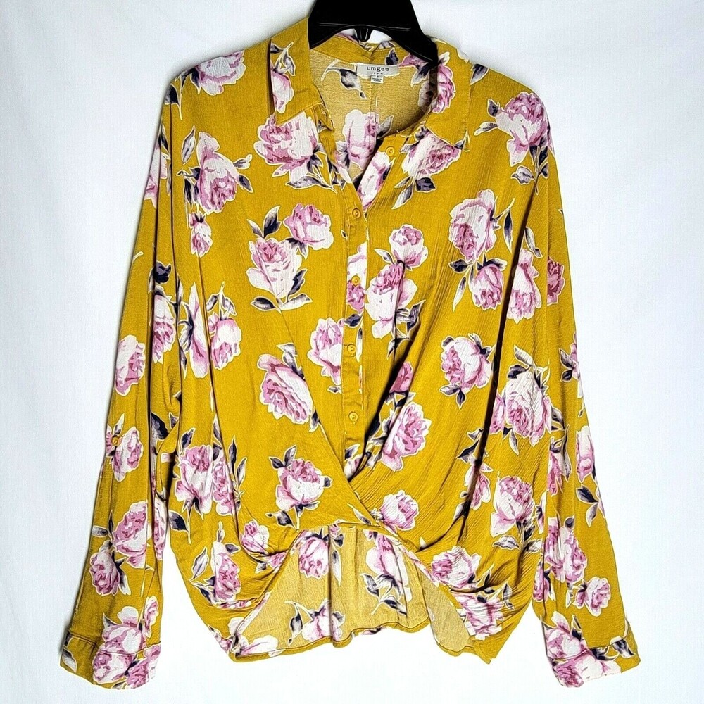 Umgee Womens Long Sleeve Shirt Dandelion Floral Print Roll Tap Sleeve Size Small